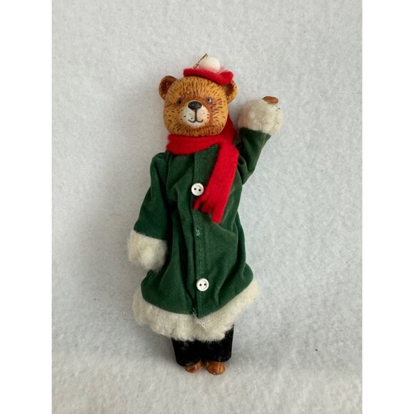 Enesco Porcelain Teddy Bear Green Coat Red Scarf Christmas 6” Ornament - Picture 1 of 7